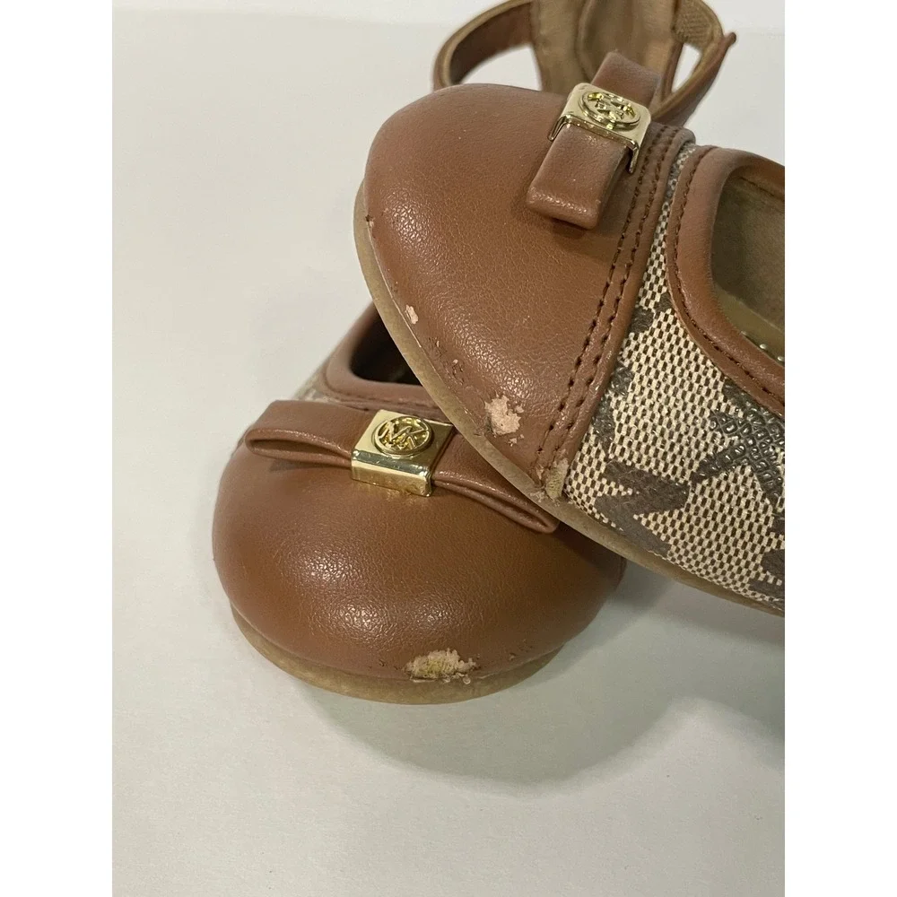 Michael Kors Florence Flats Toddler‎ Size 7 Brown Fair MK Logo Ankle Strap Bow